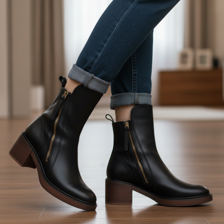 FREYA | BLACK LEATHER BOOTS WITH COMFORTABLE HEEL