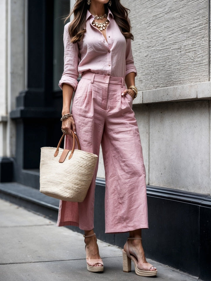 CHLOE | PINK CAPRI PANTS AND LOOSE SHIRT LINEN SET